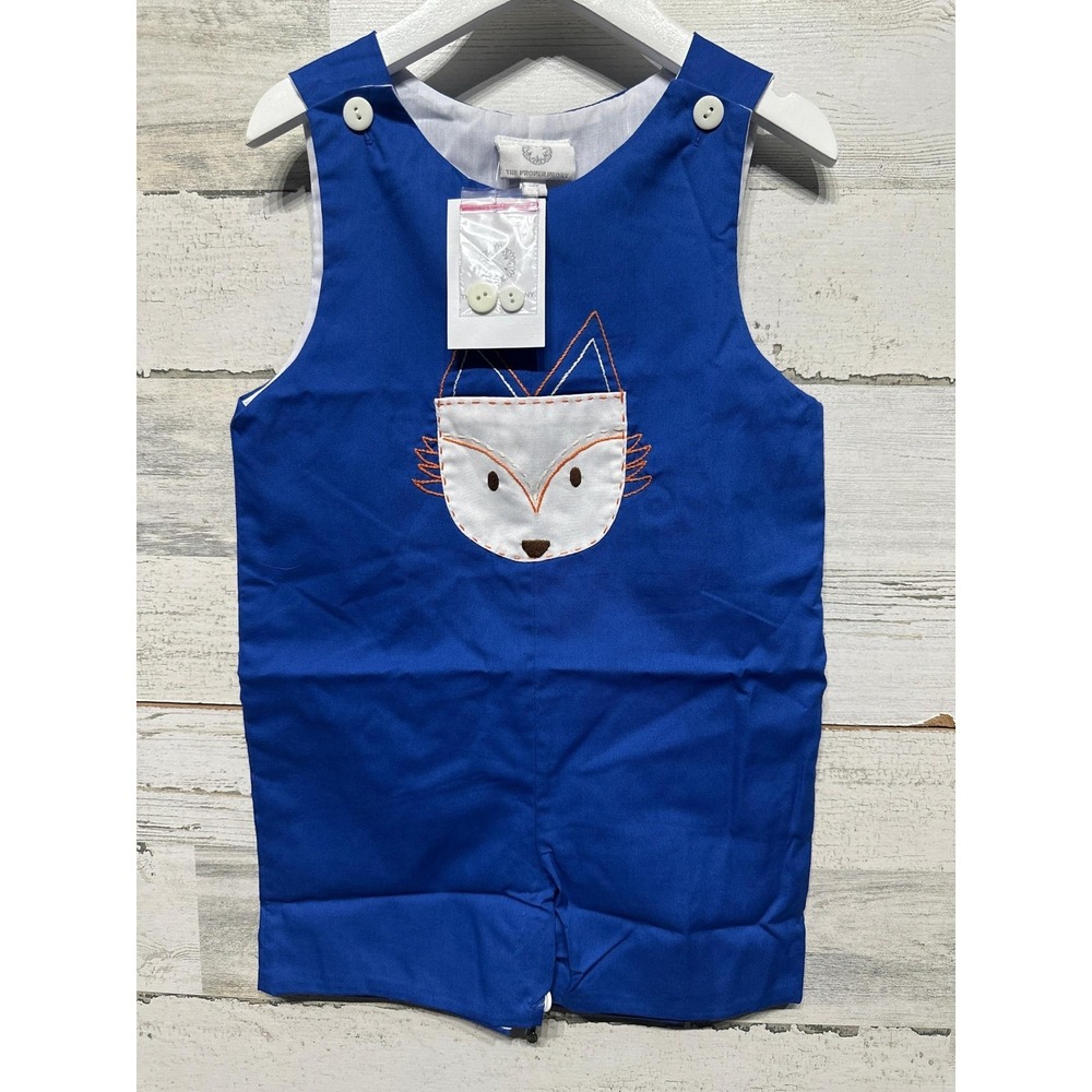 The Proper Peony Jon Jon Boys 3T Blue Fox Embroidered Romper NWT